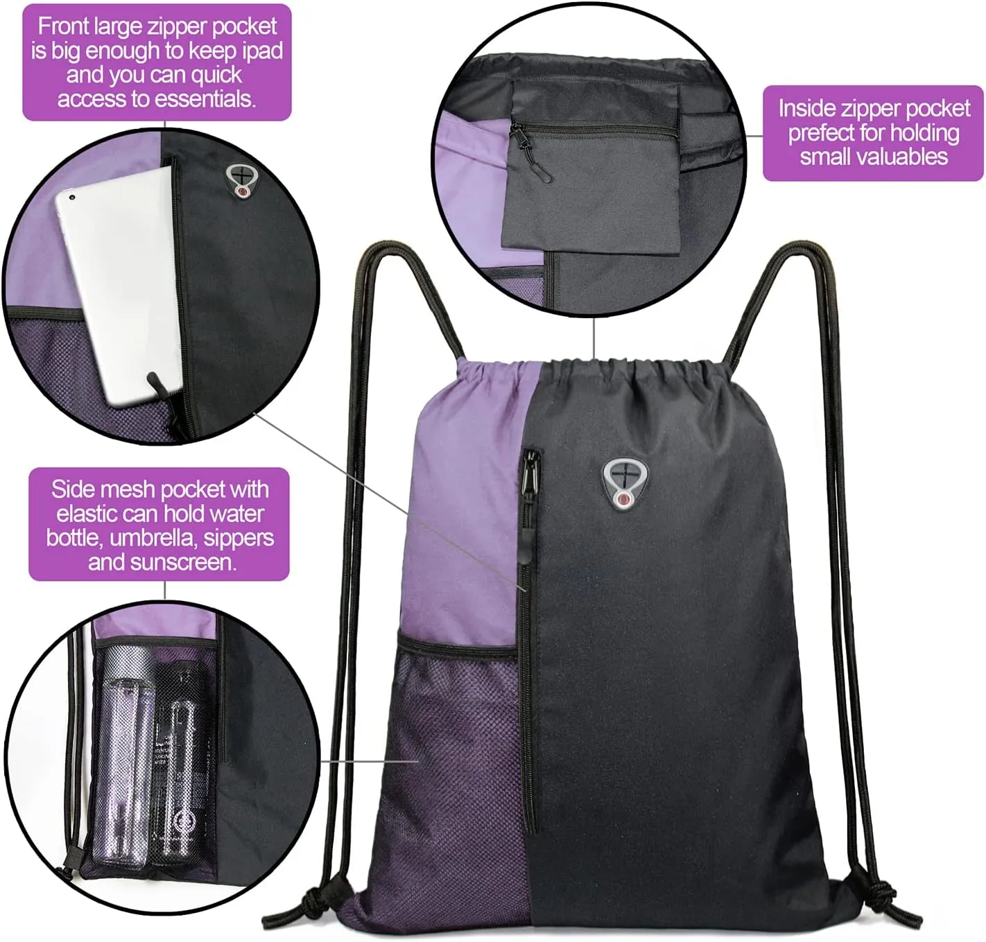 Drawstring Backpack Sports Gym Bag for Women Men Large Size With Two Zipper Pockets and Water Bottle Mesh Pockets