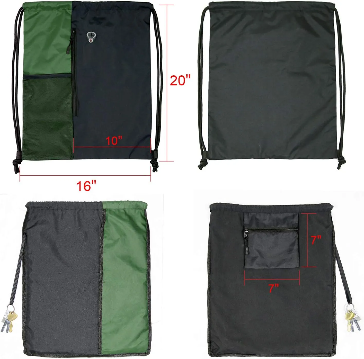 Drawstring Backpack Sports Gym Bag for Women Men Large Size With Two Zipper Pockets and Water Bottle Mesh Pockets