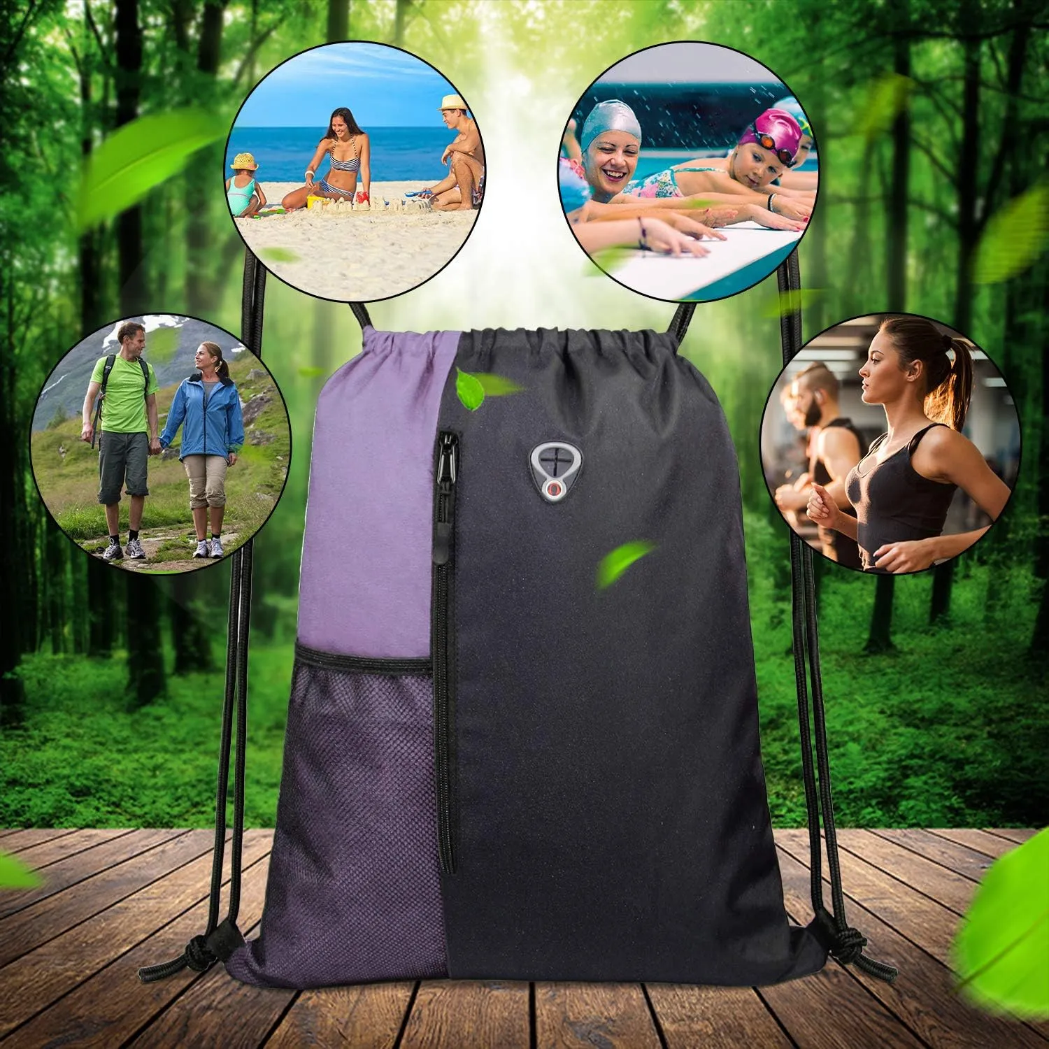 Drawstring Backpack Sports Gym Bag for Women Men Large Size With Two Zipper Pockets and Water Bottle Mesh Pockets