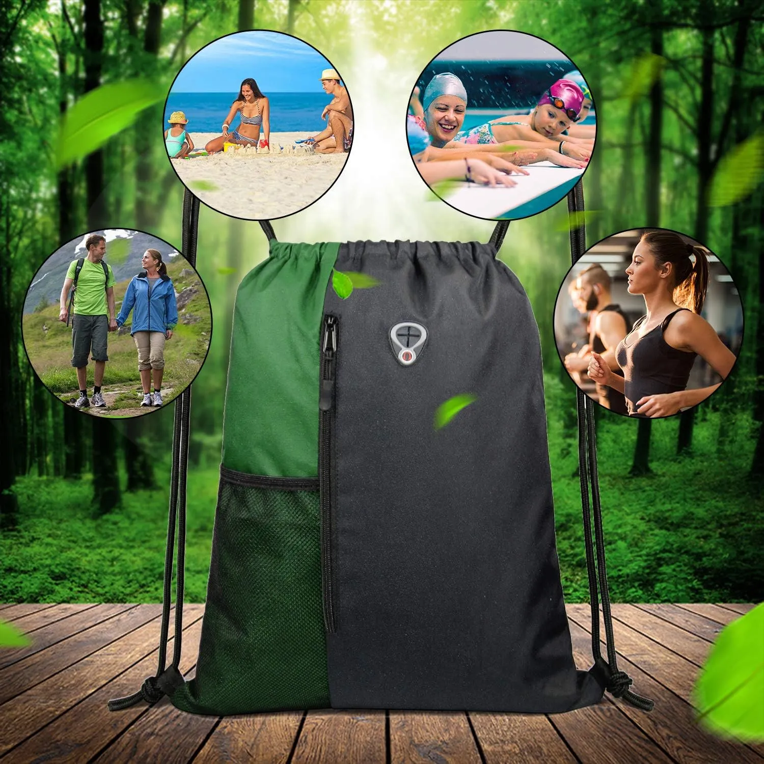 Drawstring Backpack Sports Gym Bag for Women Men Large Size With Two Zipper Pockets and Water Bottle Mesh Pockets
