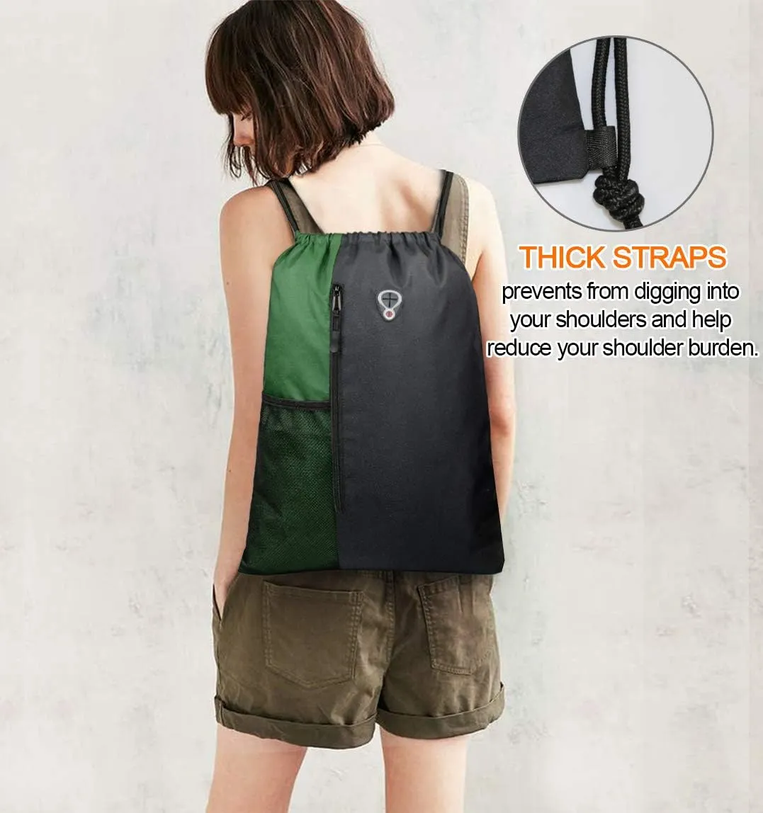 Drawstring Backpack Sports Gym Bag for Women Men Large Size With Two Zipper Pockets and Water Bottle Mesh Pockets