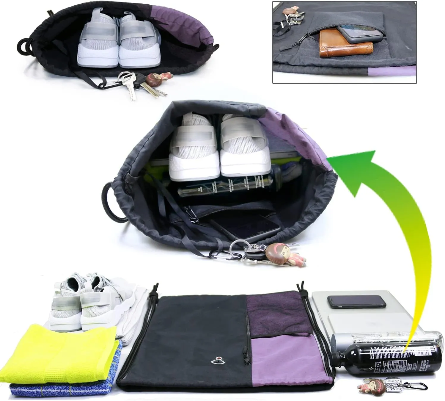Drawstring Backpack Sports Gym Bag for Women Men Large Size With Two Zipper Pockets and Water Bottle Mesh Pockets