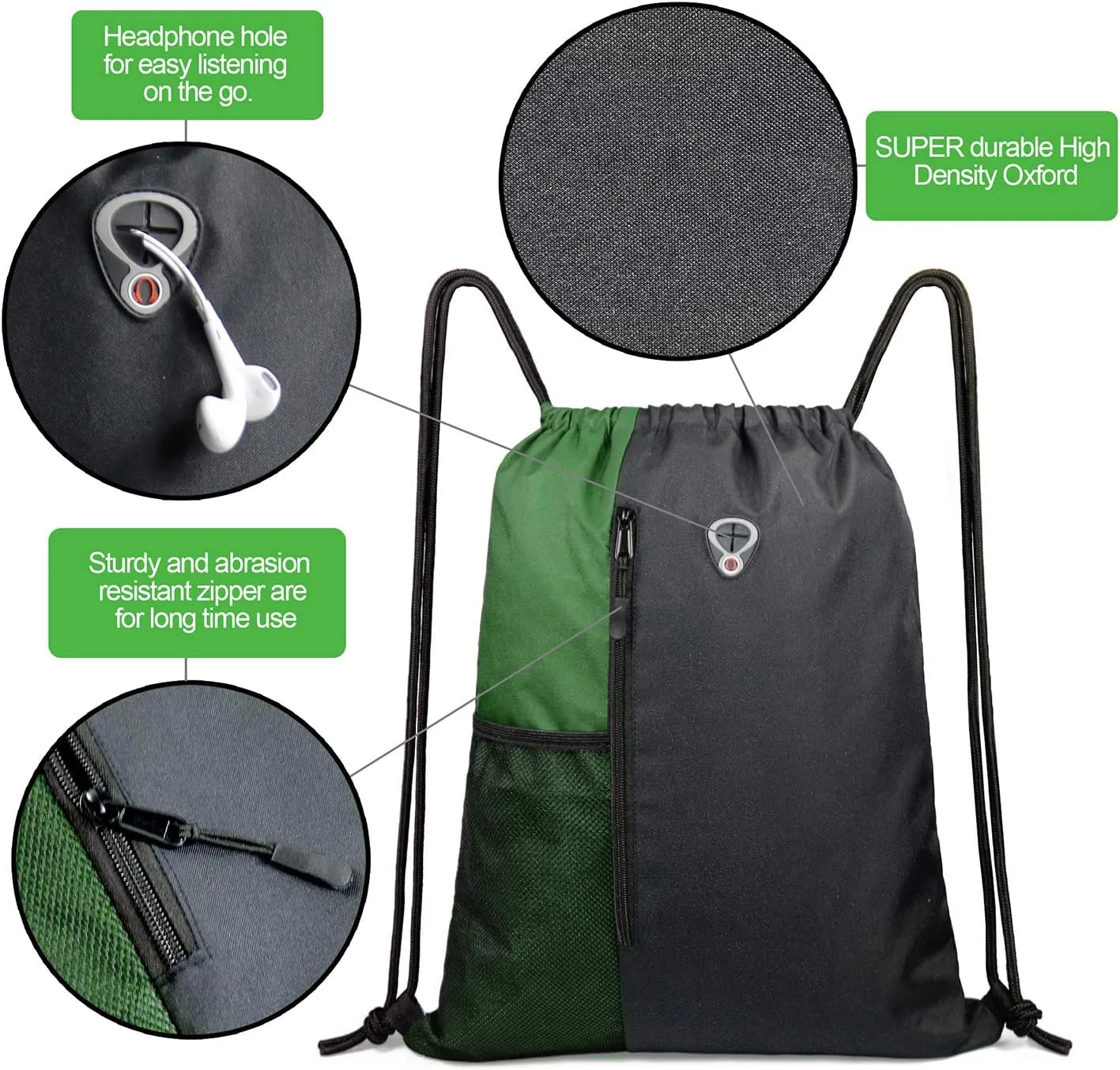 Drawstring Backpack Sports Gym Bag for Women Men Large Size With Two Zipper Pockets and Water Bottle Mesh Pockets