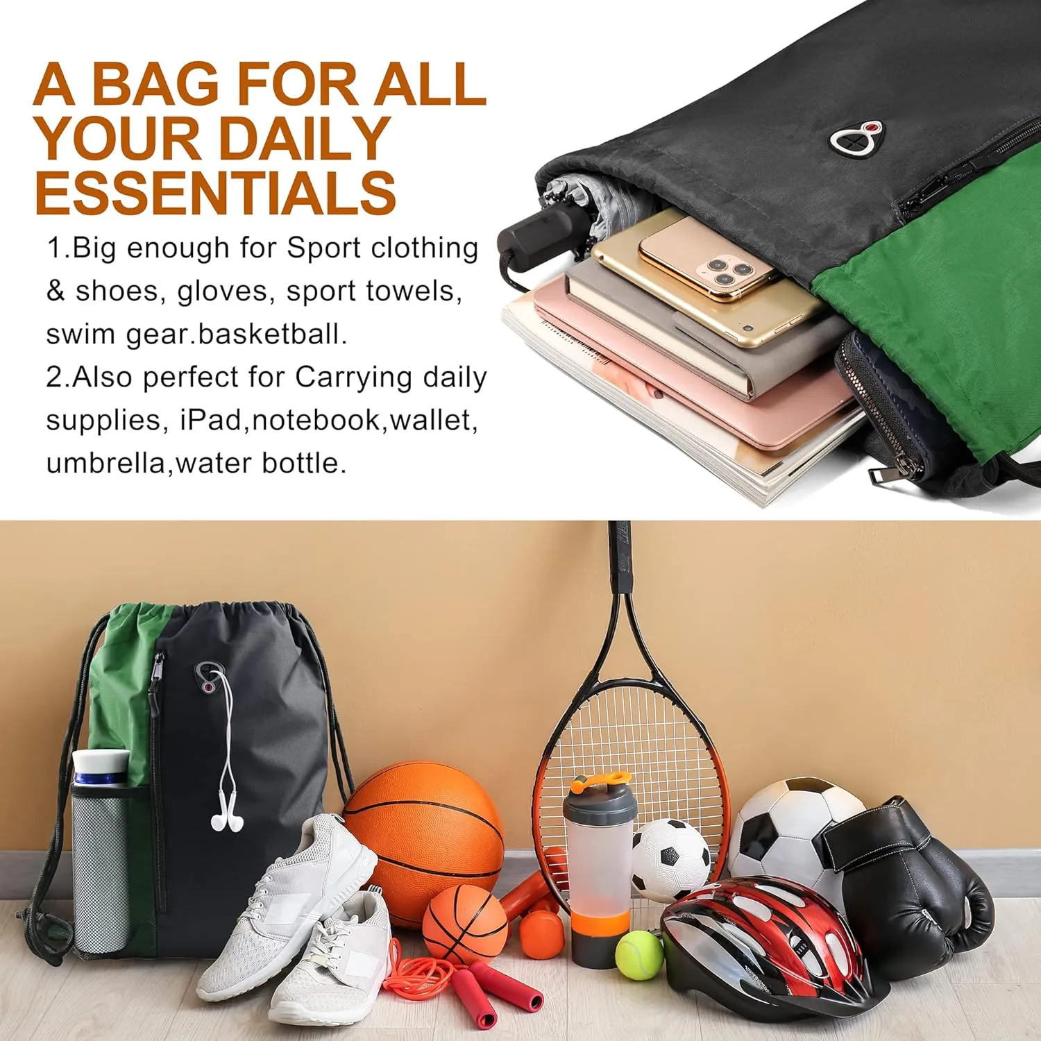 Drawstring Backpack Sports Gym Bag for Women Men Large Size With Two Zipper Pockets and Water Bottle Mesh Pockets