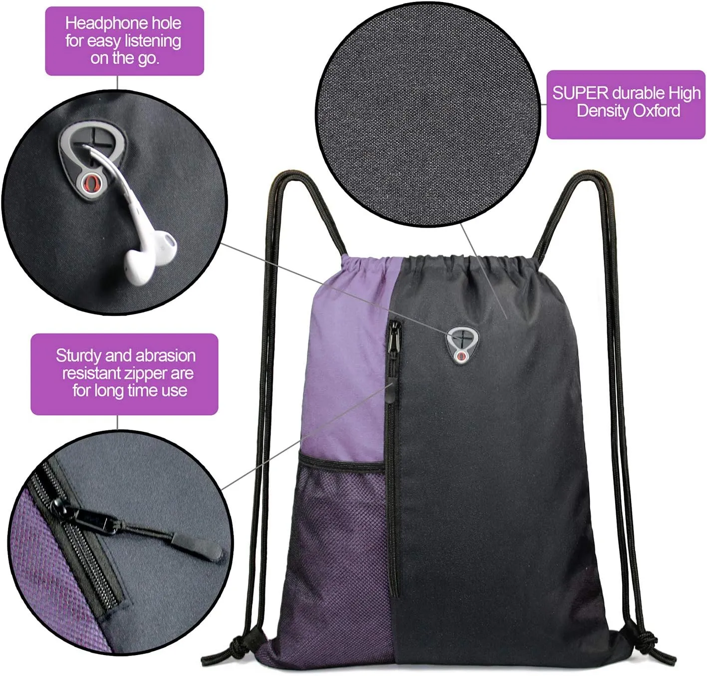 Drawstring Backpack Sports Gym Bag for Women Men Large Size With Two Zipper Pockets and Water Bottle Mesh Pockets