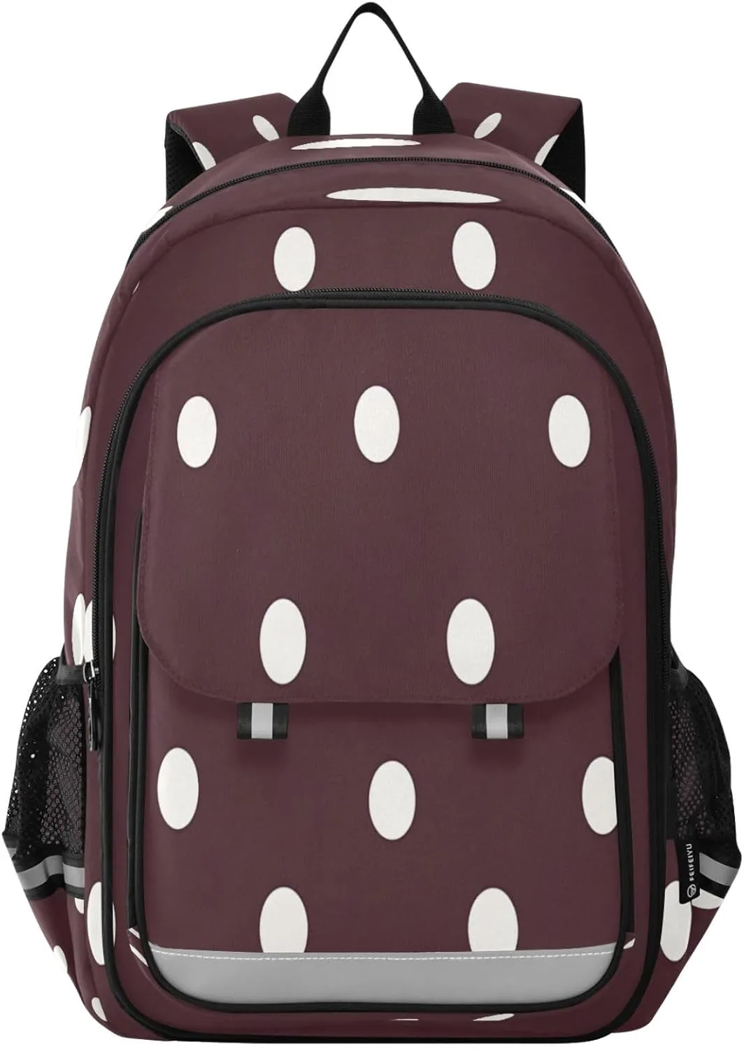 Flip Student Backpack White Polka Dot Chestnut Background School Bookbag with Reflective Stripe,Laptop Backpack for Outdoor Camping Travel Daypack Casual Bags