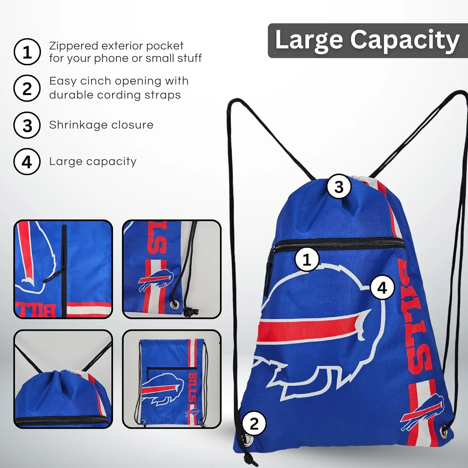 FOCO Buffalo Bills Big Logo Drawstring Backpack with Zippered Pocket  Limited Edition Bills Bag  NFL Gear  Show Your Team Spirit with Officially Licensed Baltimore Ravens Fan Gear