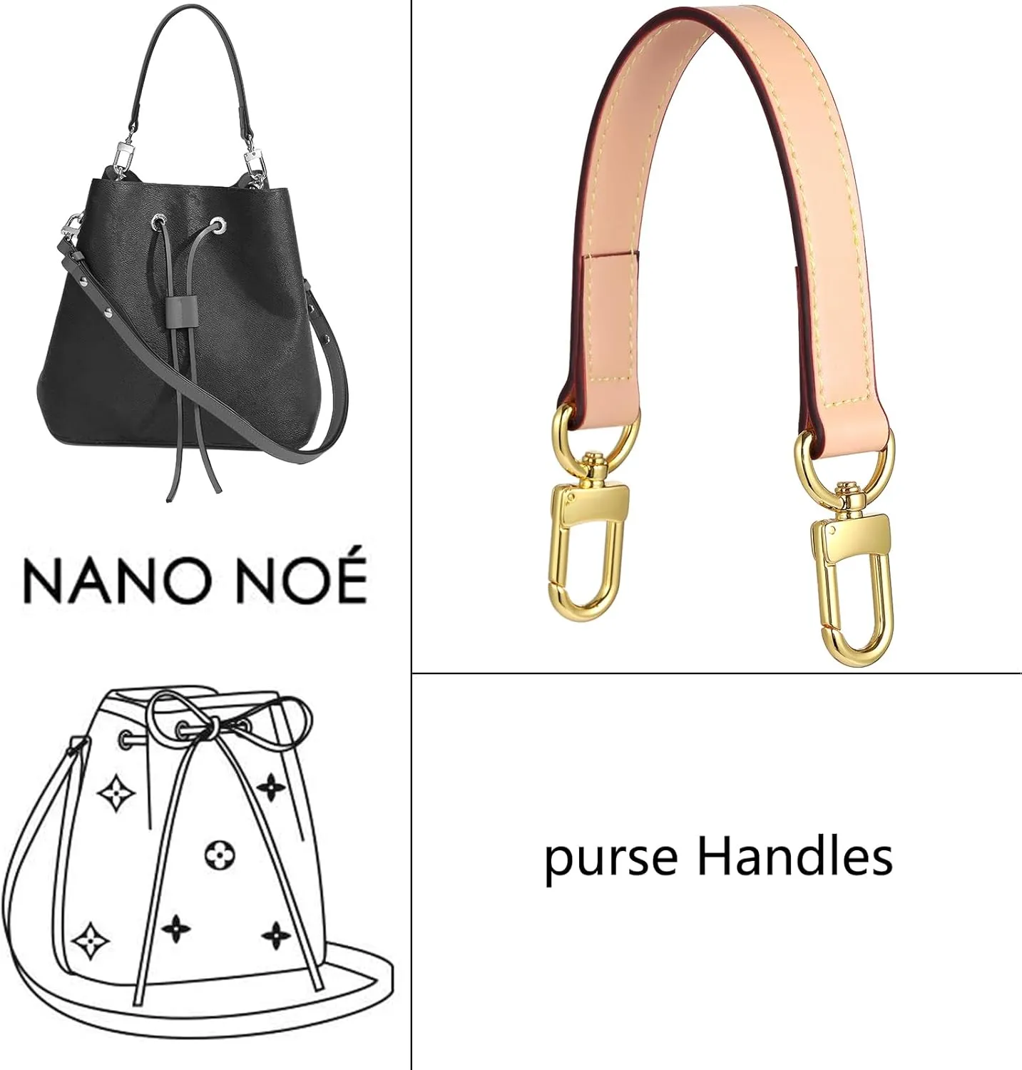 Genuine leather purse Handle compatible with Neonoe for Metis Noe BB NM Beaubourg Hobo