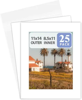 Golden State Art, Pack of 25, 11x14 White Picture Mat Full Set - Fit 8.5x11 Photo/Certificate - High Premier Acid Free Bevel Pre-Cut White Core Mattes - Includes 25 Backing Backer Board & Clear Bags