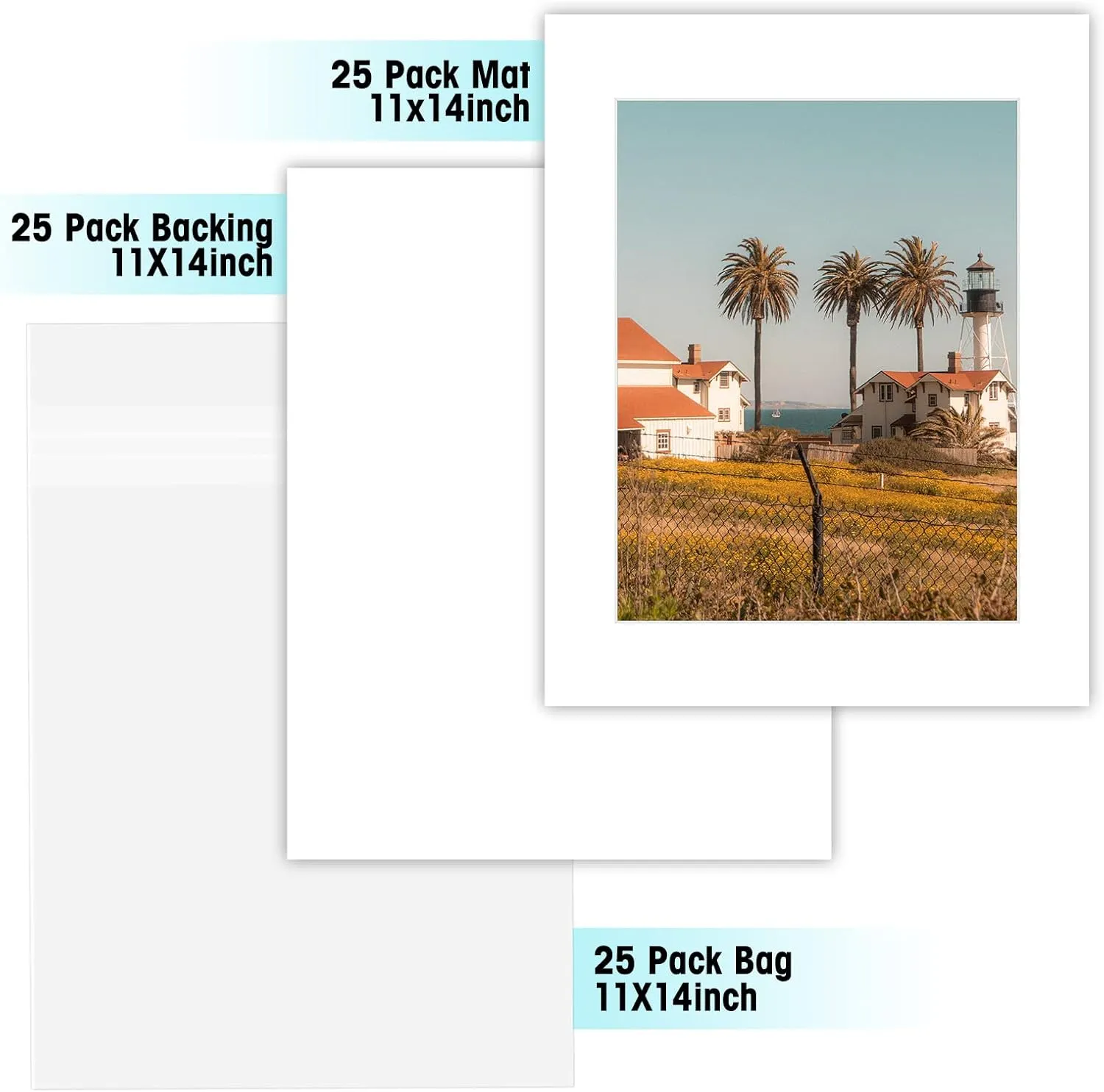 Golden State Art, Pack of 25, 11x14 White Picture Mat Full Set - Fit 8.5x11 Photo/Certificate - High Premier Acid Free Bevel Pre-Cut White Core Mattes - Includes 25 Backing Backer Board & Clear Bags