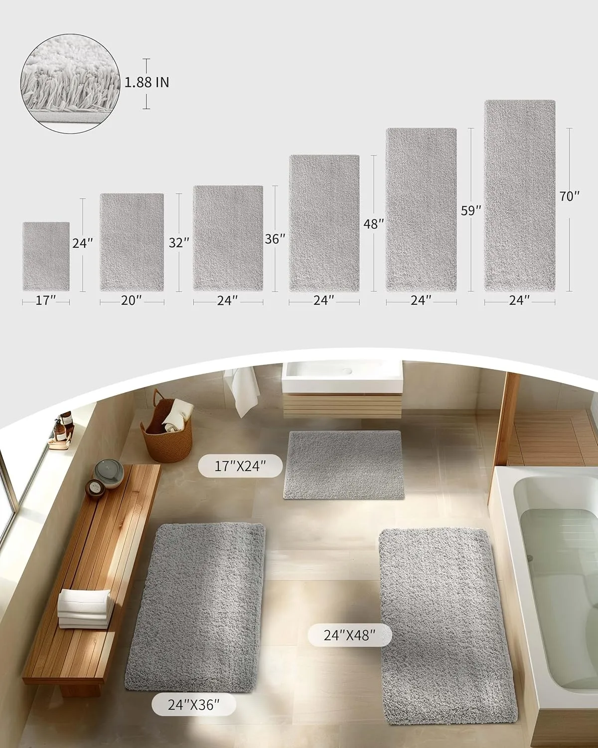 Gray Bathroom Runner Rug 24x70 Non Slip Fluffy Long Bath Mat for Bathroom Floor Washable Plush Luxury Bath Rug for Tub Absorbent Shower Sink Mat Bedside Rug