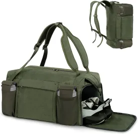Gym Bag for Men with 2 Upgraded Bottle Holders Convertible Duffle Bag and Gym Backpack Waterproof Sports Bags with Shoes Compartment and Wet Pocket - Dark Green