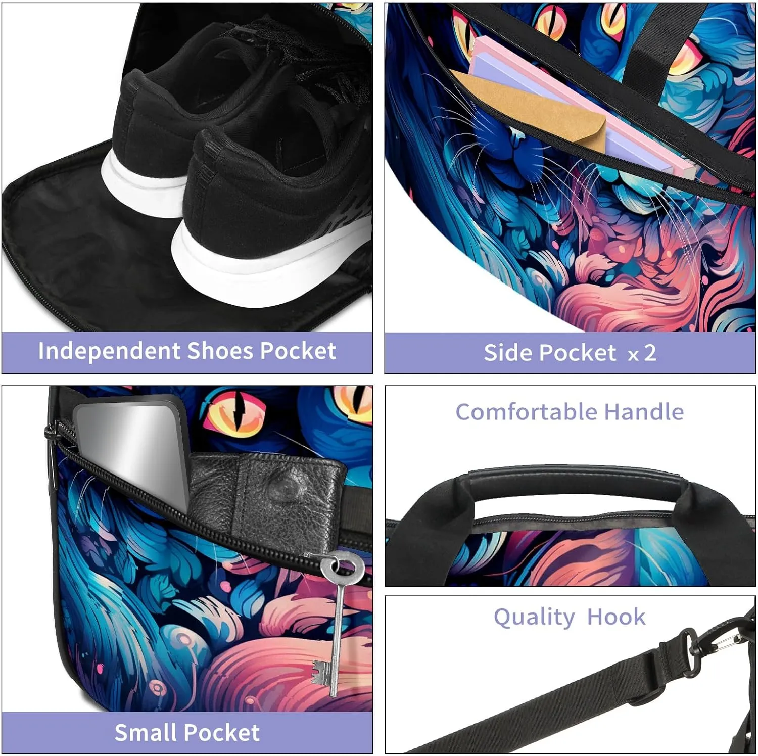 Gym Bag for Women, Carry on Weekender Overnight Bag, Travel Duffel Bags, Personal Item Travel Bag Tote Bag Workout Dance Bag, Cat - 30
