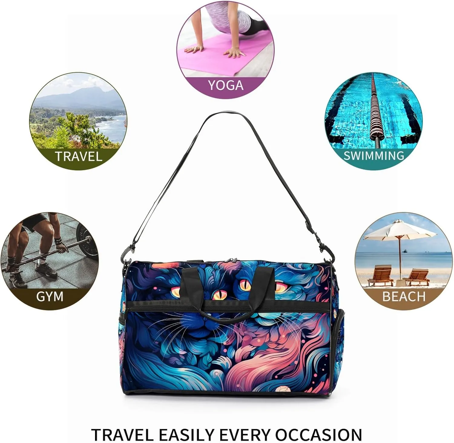 Gym Bag for Women, Carry on Weekender Overnight Bag, Travel Duffel Bags, Personal Item Travel Bag Tote Bag Workout Dance Bag, Cat - 30