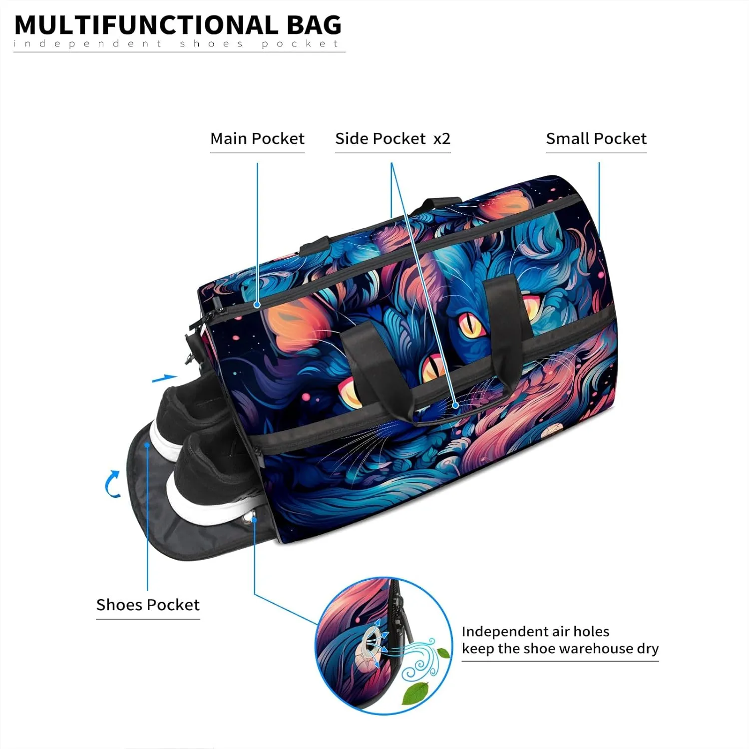 Gym Bag for Women, Carry on Weekender Overnight Bag, Travel Duffel Bags, Personal Item Travel Bag Tote Bag Workout Dance Bag, Cat - 30