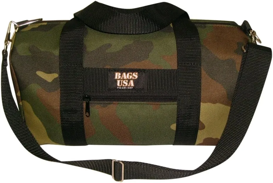 Gym Bag with Front Zipper Pocket Woodland Camouflage Made in USA.