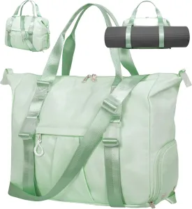 Gym Bag with Yoga Mat Holders, Carry On for Pilates Women & Men with Laptop & Shoe Compartment Large Duffle Travel Weekender Tote with Key Ring Clip Personal Item Workout, Easy to Clean - Green