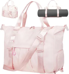 Gym Bag with Yoga Mat Holders, Carry On for Pilates Women & Men with Laptop & Shoe Compartment Large Duffle Travel Weekender Tote with Key Ring Clip Personal Item Workout, Easy to Clean - Pink