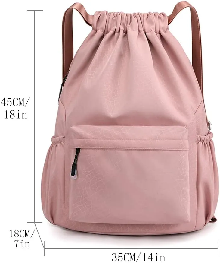 HOLYLUCK Drawstring Backpack Sports Gym Bag Water Resistant String Bag Cinch Sackpack with Side Zipper Pocket for Shopping Sport Yoga -pink