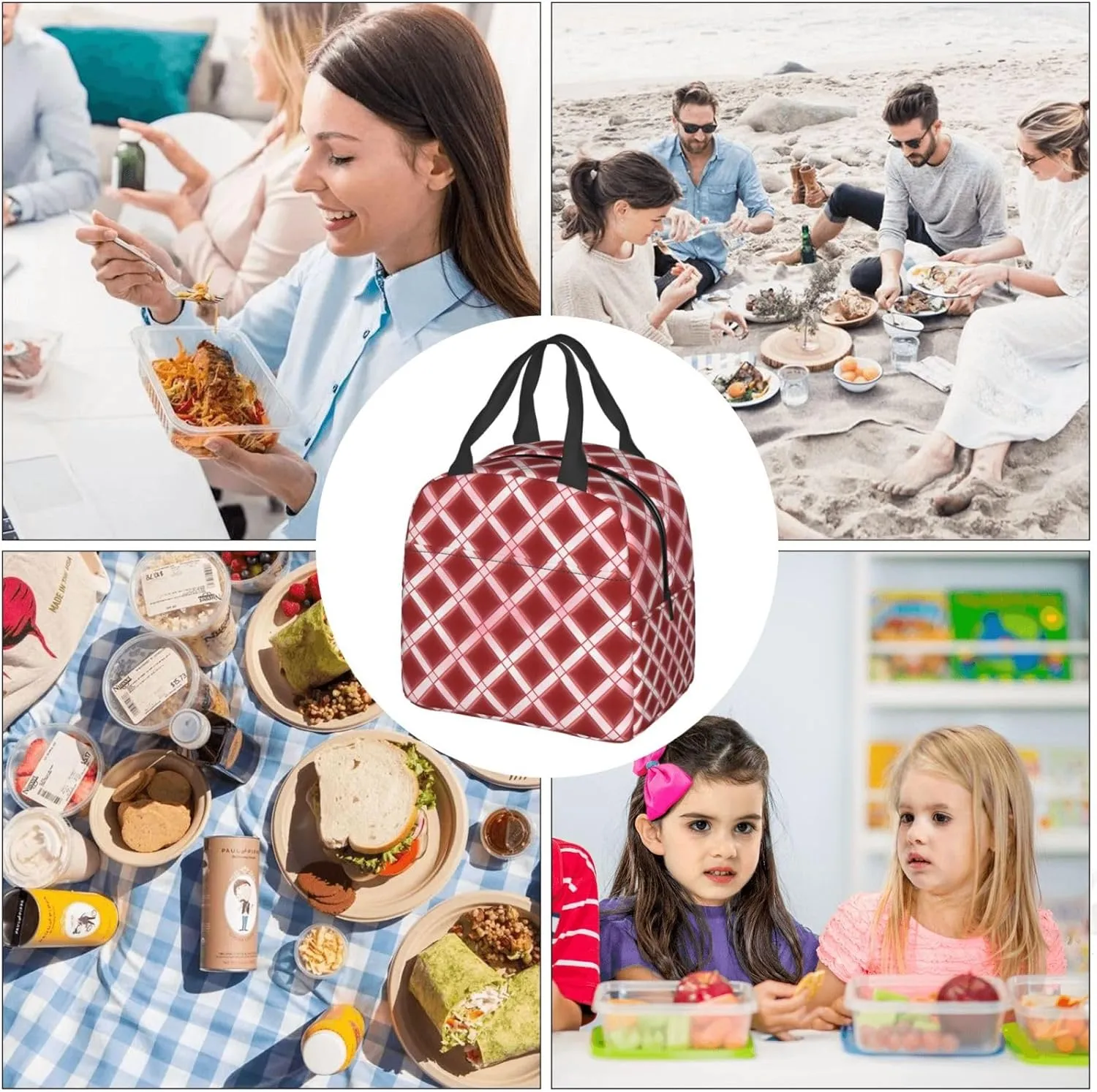 Insulated Lunch Bag for Women Men Portable Reusable Lunch Box Lattice Grid Pink Romance Lunch Tote Bag for Work Picnic Travel
