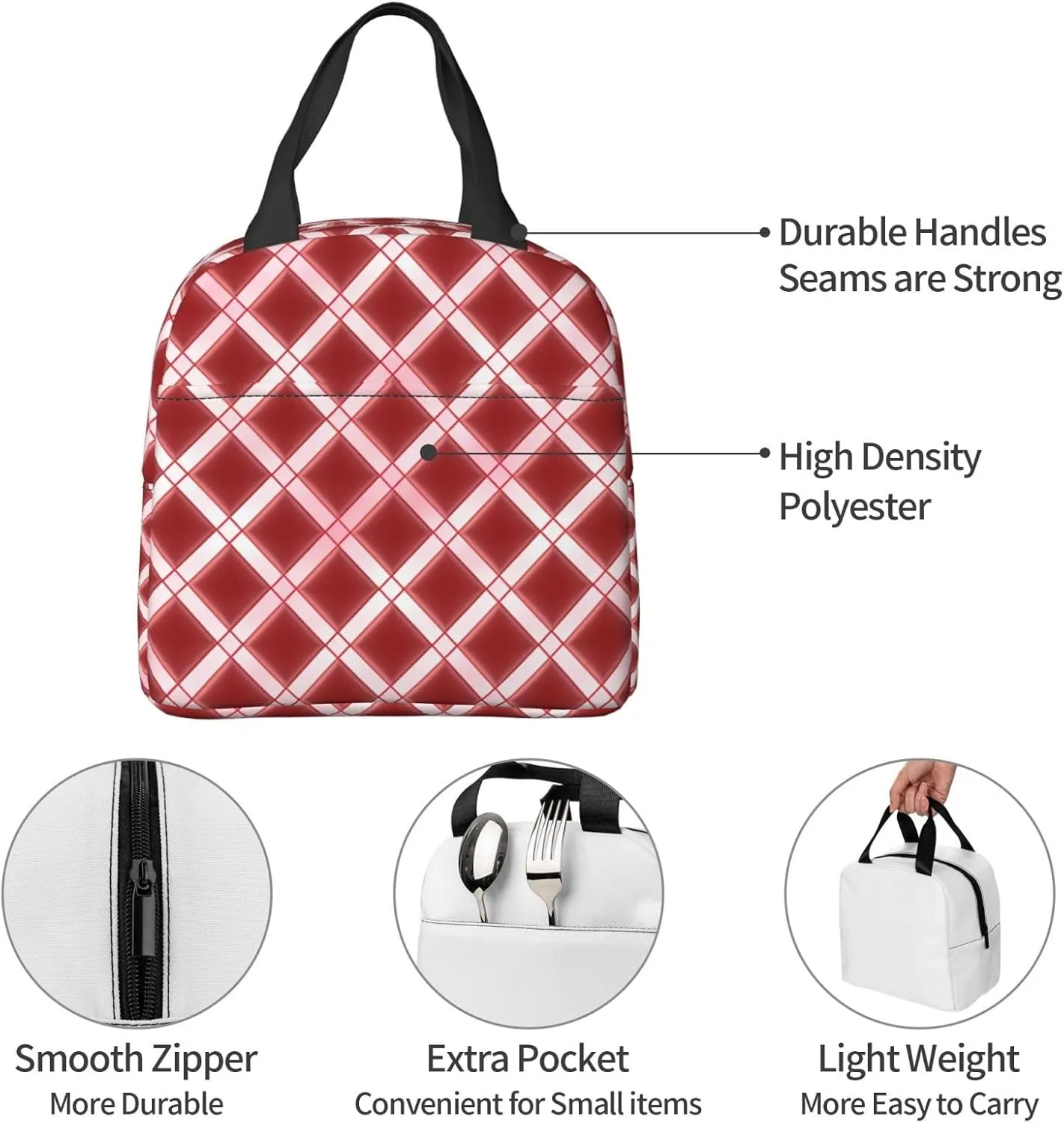 Insulated Lunch Bag for Women Men Portable Reusable Lunch Box Lattice Grid Pink Romance Lunch Tote Bag for Work Picnic Travel