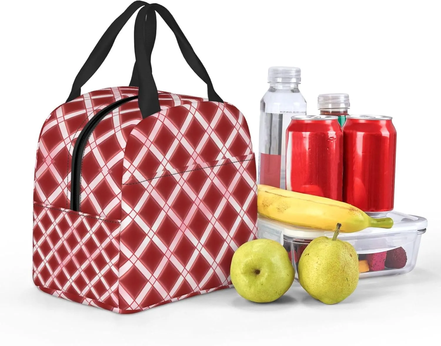 Insulated Lunch Bag for Women Men Portable Reusable Lunch Box Lattice Grid Pink Romance Lunch Tote Bag for Work Picnic Travel