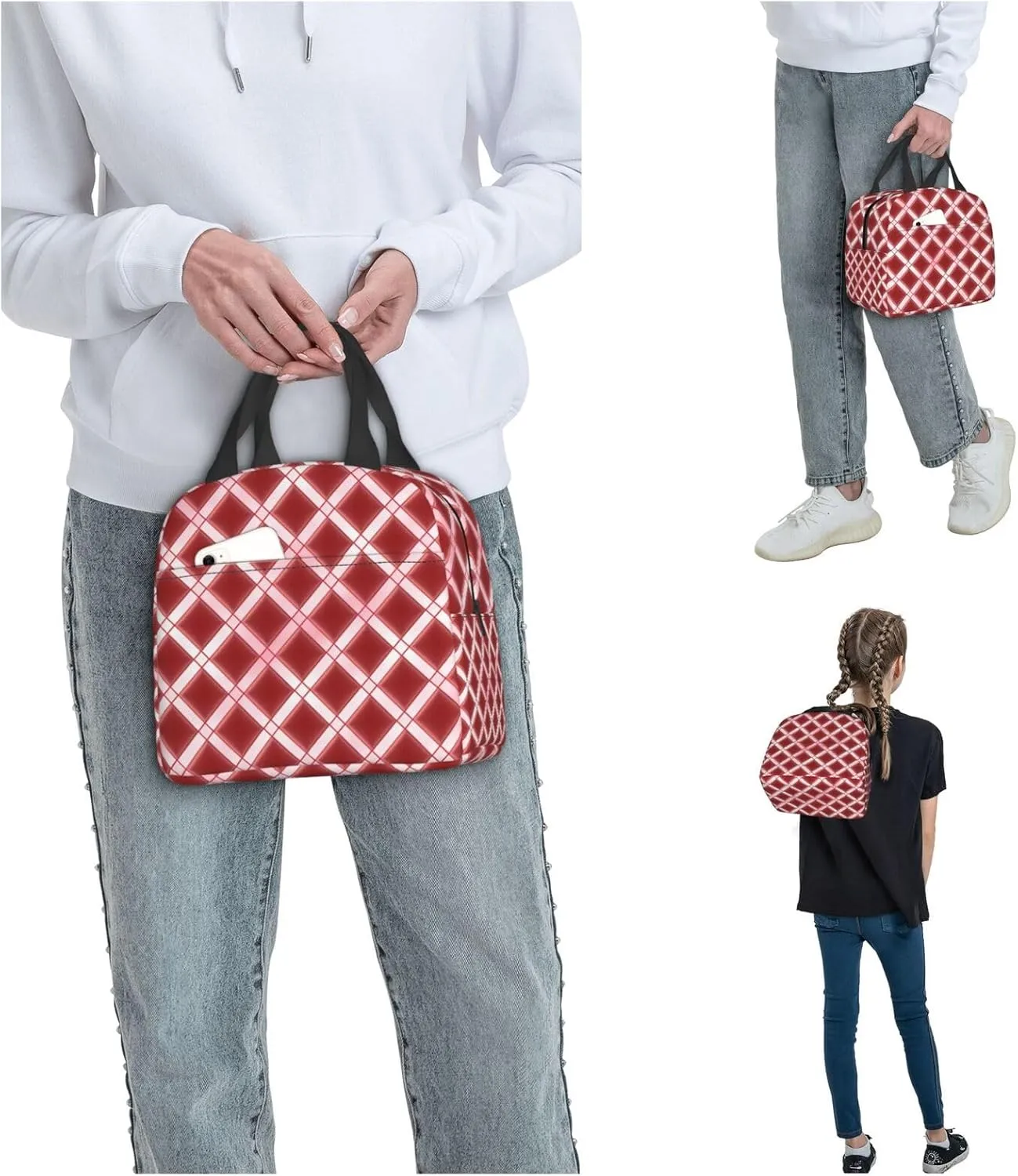 Insulated Lunch Bag for Women Men Portable Reusable Lunch Box Lattice Grid Pink Romance Lunch Tote Bag for Work Picnic Travel