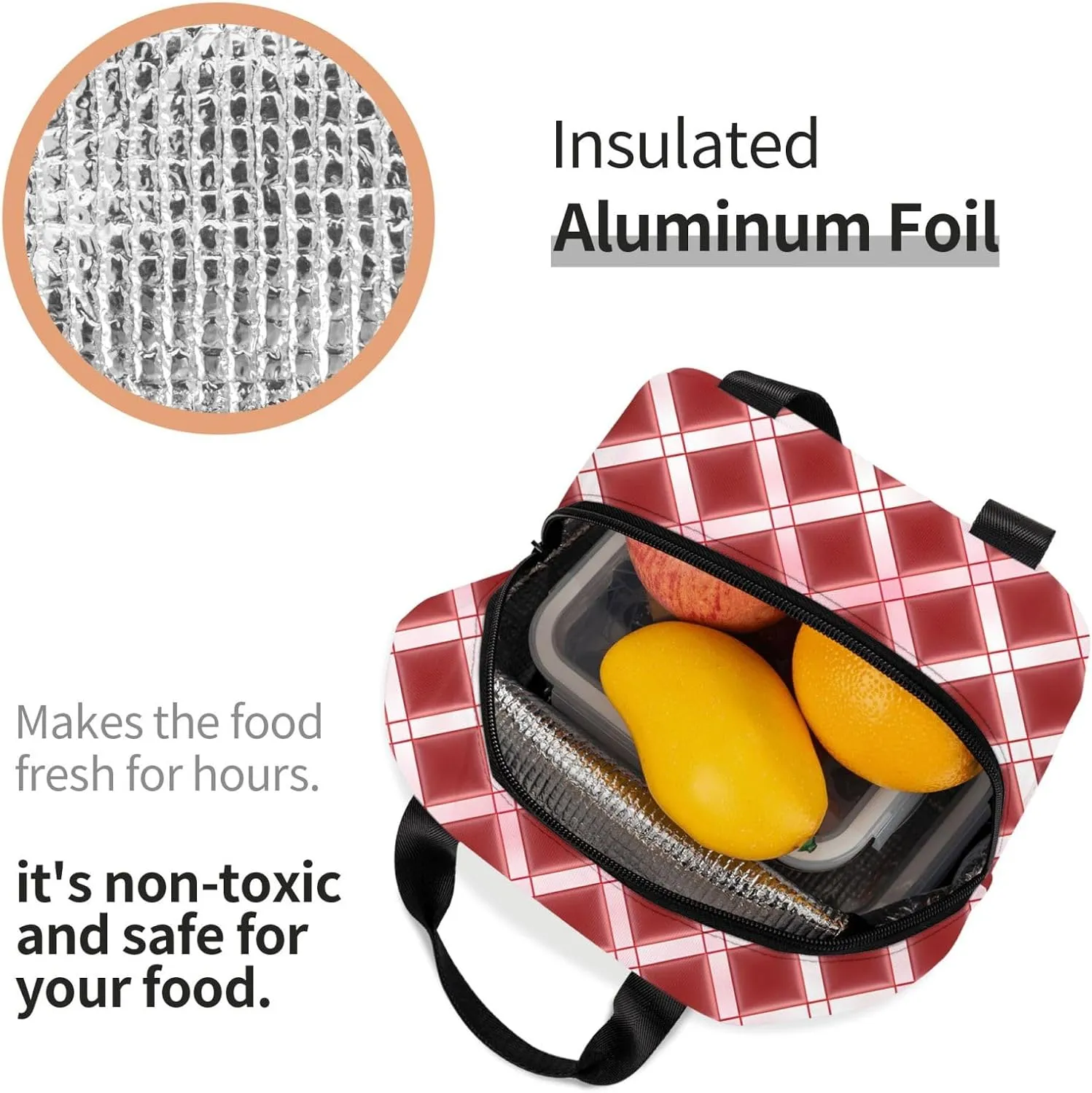 Insulated Lunch Bag for Women Men Portable Reusable Lunch Box Lattice Grid Pink Romance Lunch Tote Bag for Work Picnic Travel