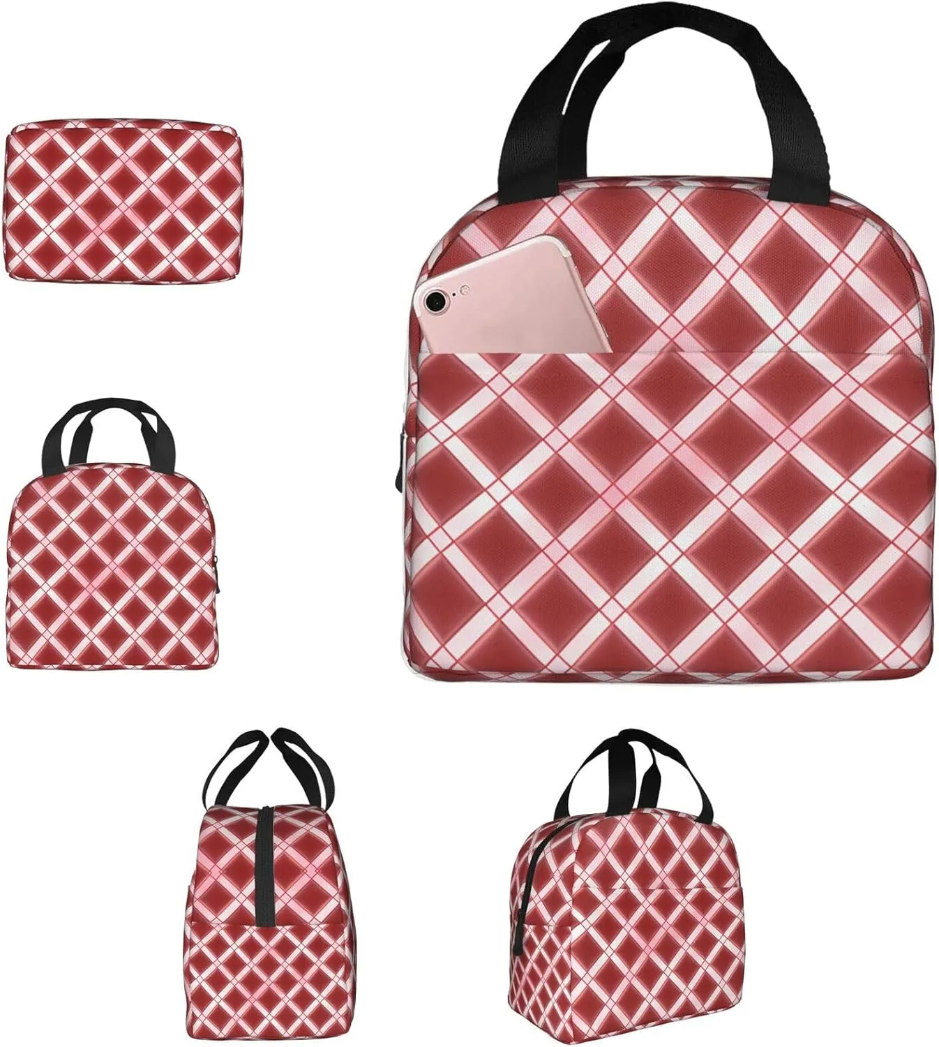 Insulated Lunch Bag for Women Men Portable Reusable Lunch Box Lattice Grid Pink Romance Lunch Tote Bag for Work Picnic Travel