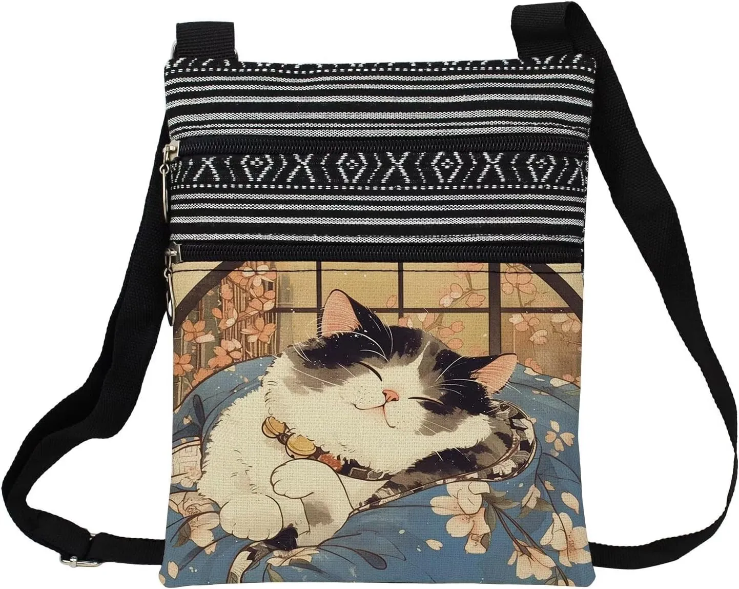 Kimono Cat Messenger Bag Small Ethnic Pattern Adjustable Strap Crossbody Zipper Bag Japanese Style Cat Phone Bag Wallet Cute Shoulder Handbag for Cat Lovers Women