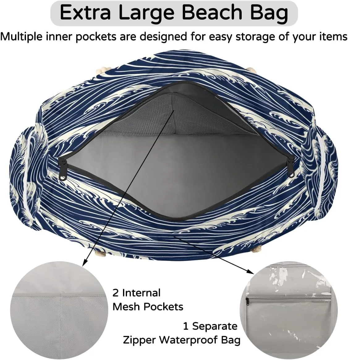 Large Tote Beach Bags for Women with Zipper Waterproof Sandproof Swim Pool Grocery Gym Travel Bag
