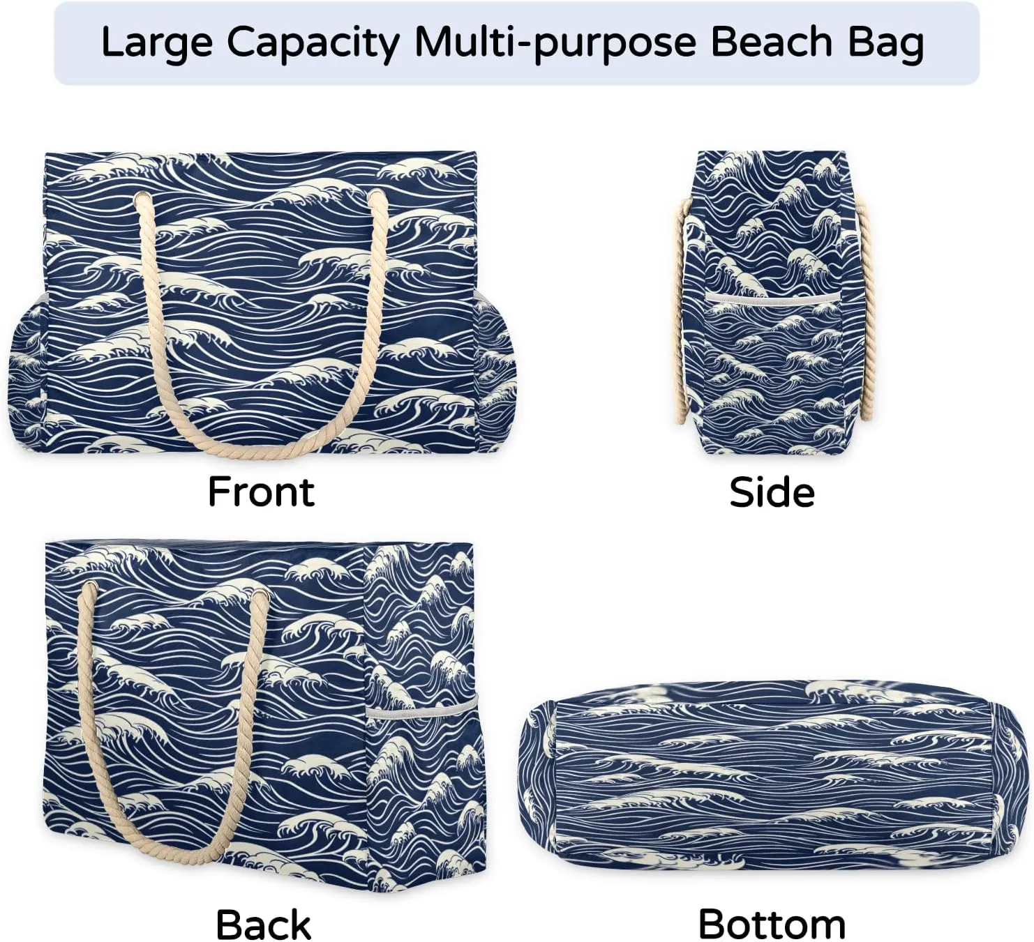 Large Tote Beach Bags for Women with Zipper Waterproof Sandproof Swim Pool Grocery Gym Travel Bag