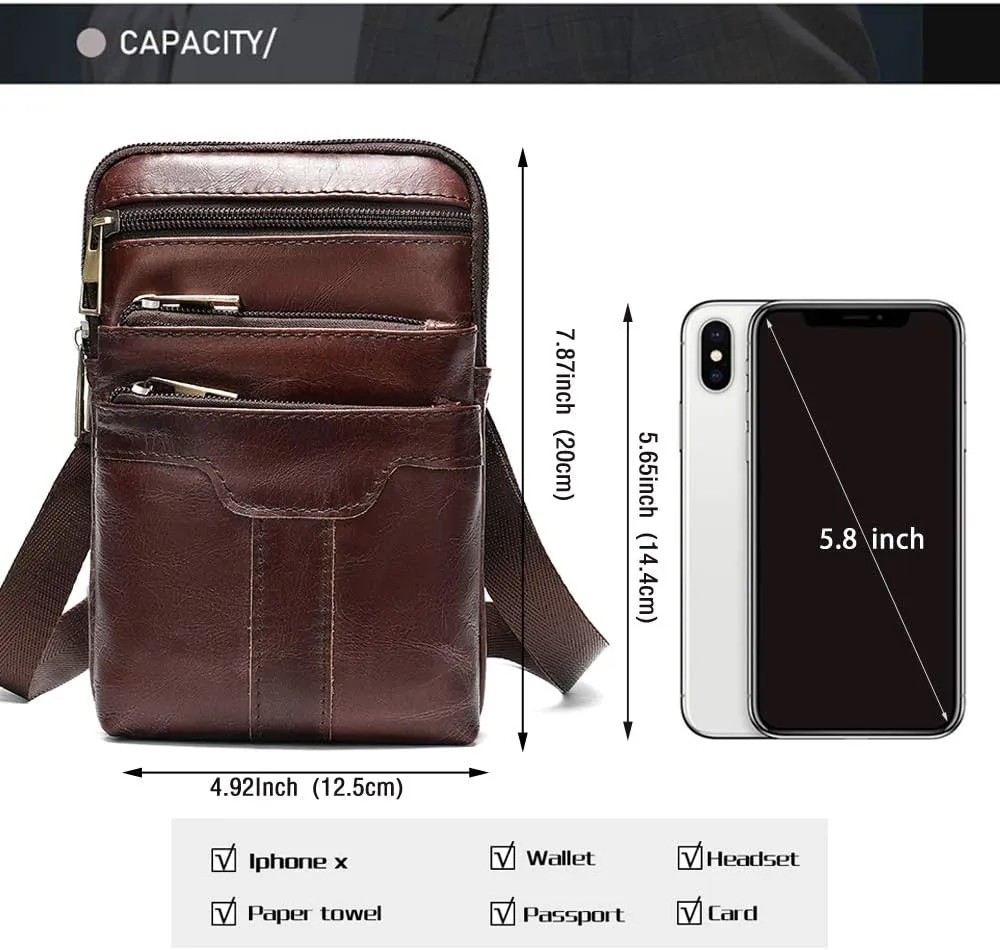 Leather Cell Phone Belt Pack Bag - Men's Vertical Smartphone Belt Loop Holster - Multi-Purpose Travel Messenger Pouch Shoulder Pack Wallet