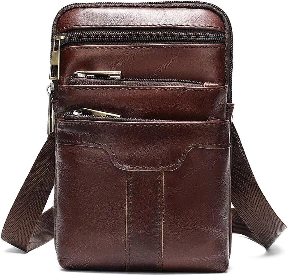Leather Cell Phone Belt Pack Bag - Men's Vertical Smartphone Belt Loop Holster - Multi-Purpose Travel Messenger Pouch Shoulder Pack Wallet