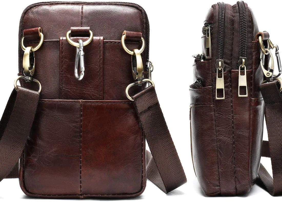Leather Cell Phone Belt Pack Bag - Men's Vertical Smartphone Belt Loop Holster - Multi-Purpose Travel Messenger Pouch Shoulder Pack Wallet
