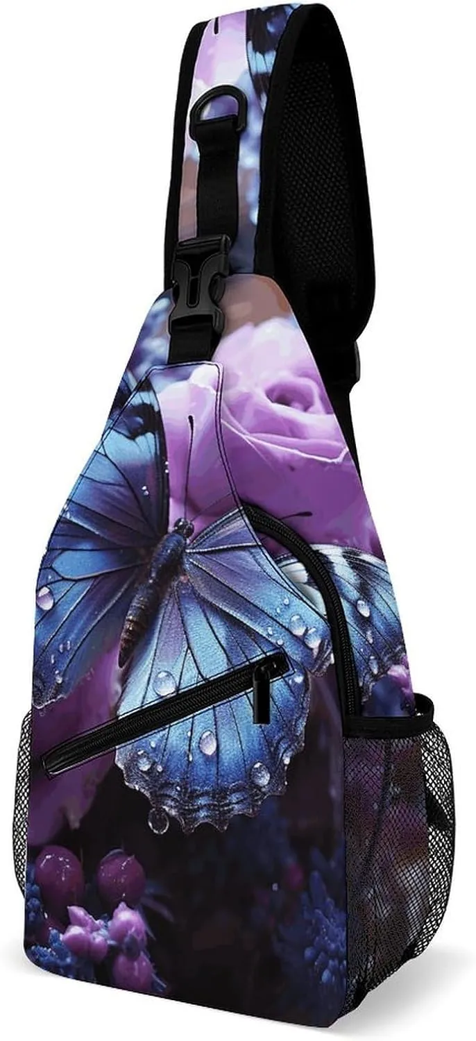 Lightweight Chest Bag Crossbody Bag Purple Rose with Beautiful Butterfly Sling Backpack for Women Men Sports Travel