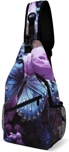Lightweight Chest Bag Crossbody Bag Purple Rose with Beautiful Butterfly Sling Backpack for Women Men Sports Travel