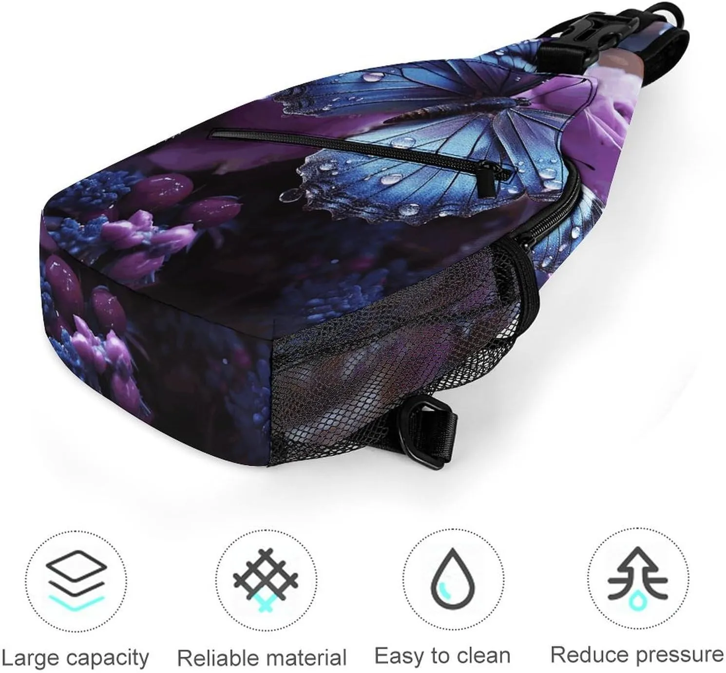 Lightweight Chest Bag Crossbody Bag Purple Rose with Beautiful Butterfly Sling Backpack for Women Men Sports Travel
