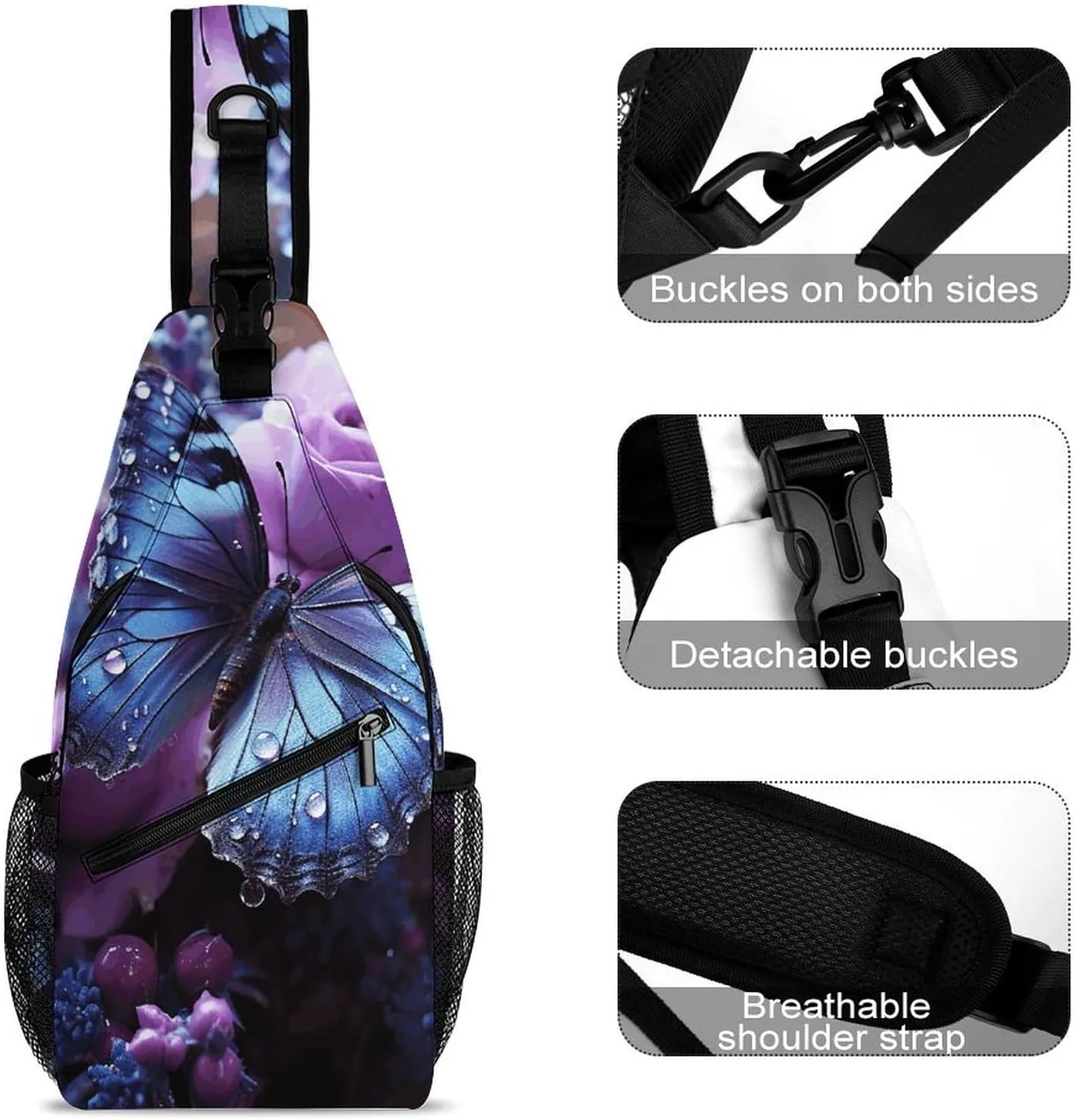 Lightweight Chest Bag Crossbody Bag Purple Rose with Beautiful Butterfly Sling Backpack for Women Men Sports Travel