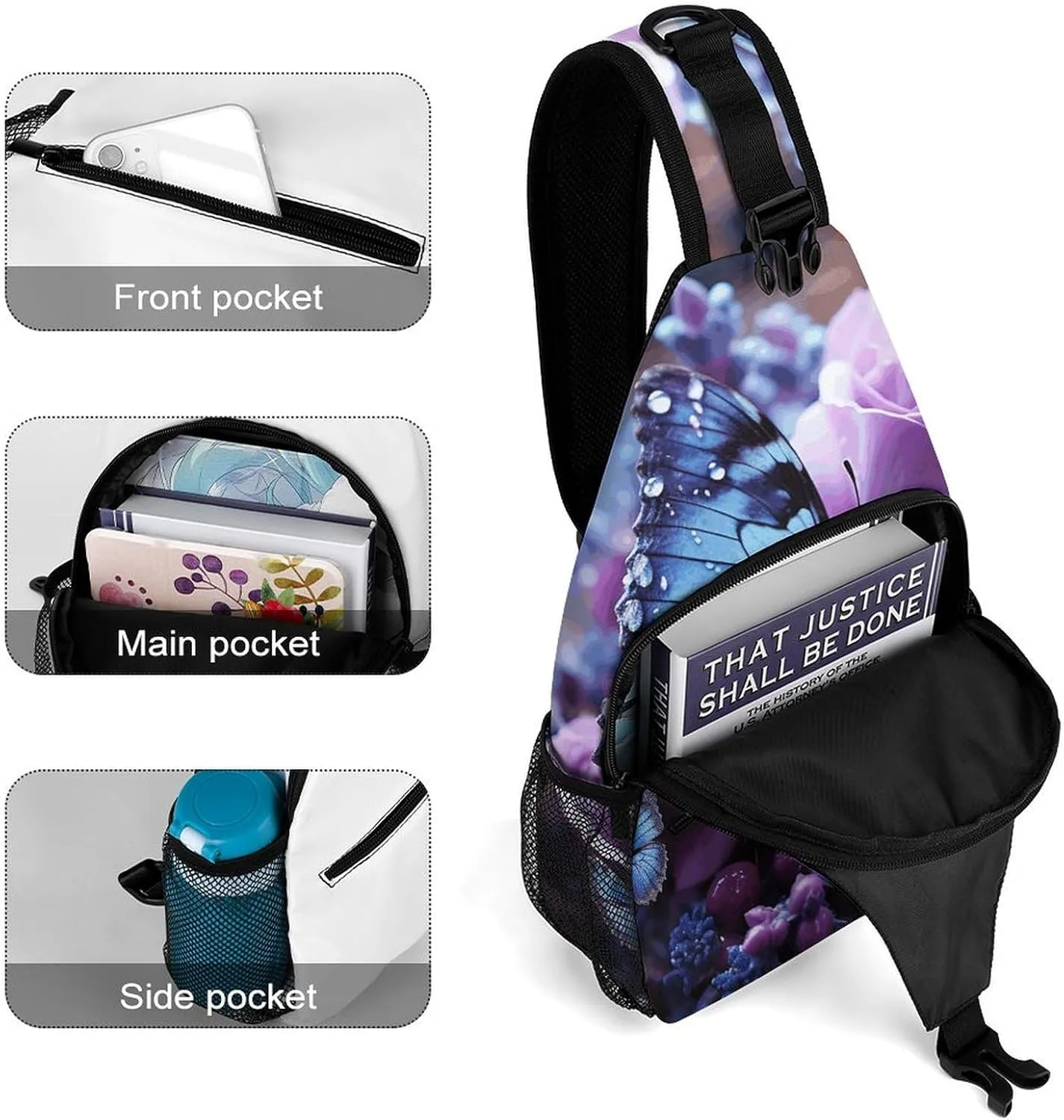 Lightweight Chest Bag Crossbody Bag Purple Rose with Beautiful Butterfly Sling Backpack for Women Men Sports Travel