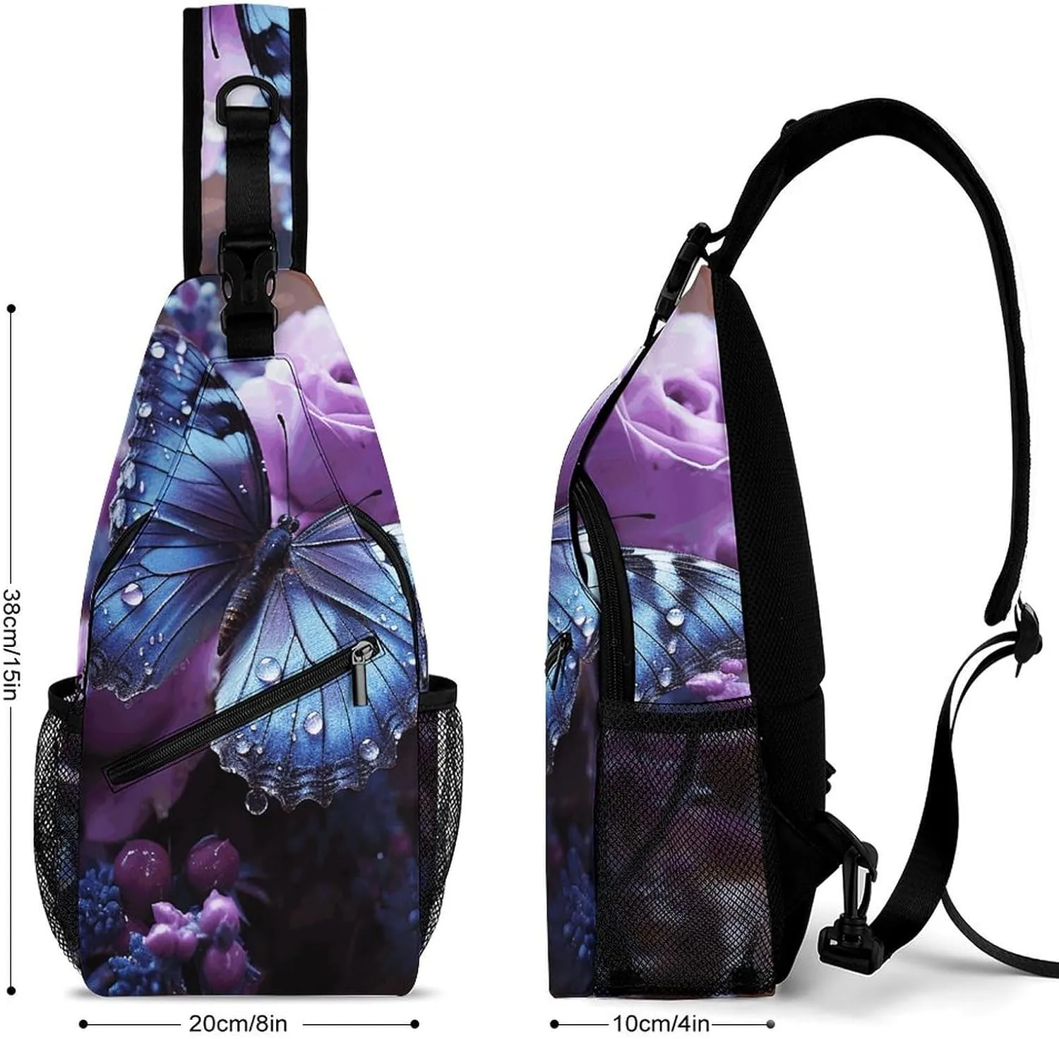 Lightweight Chest Bag Crossbody Bag Purple Rose with Beautiful Butterfly Sling Backpack for Women Men Sports Travel
