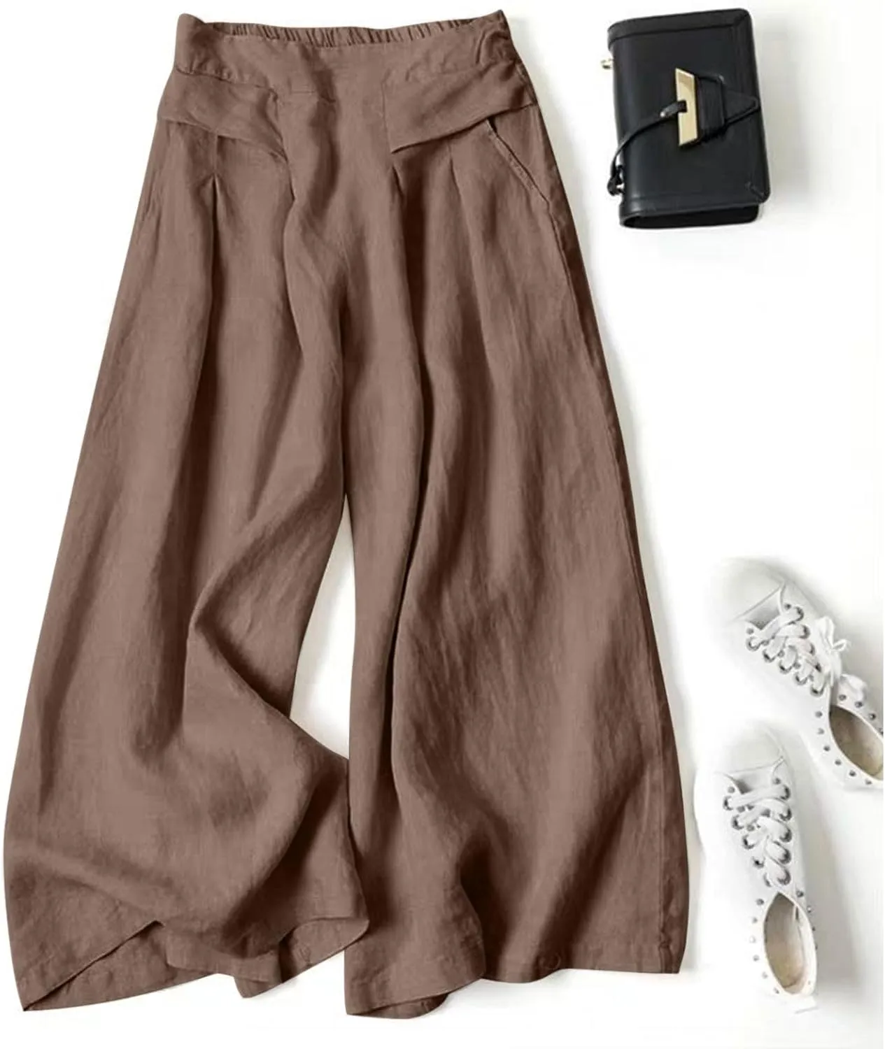 PTOLOCIF Cotton Linen Pants for Women Summer Drawstring Wide Leg Pants Loose Casual Cotton Linen Palazzo Pant with Pockets