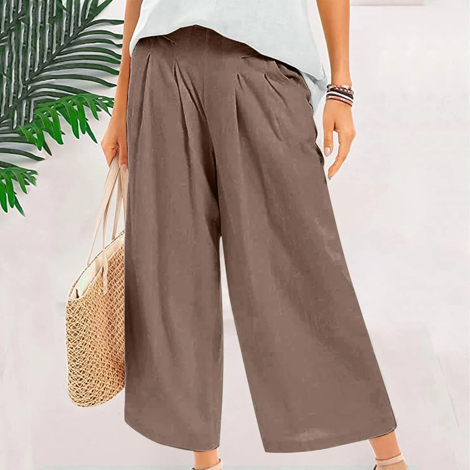PTOLOCIF Cotton Linen Pants for Women Summer Drawstring Wide Leg Pants Loose Casual Cotton Linen Palazzo Pant with Pockets