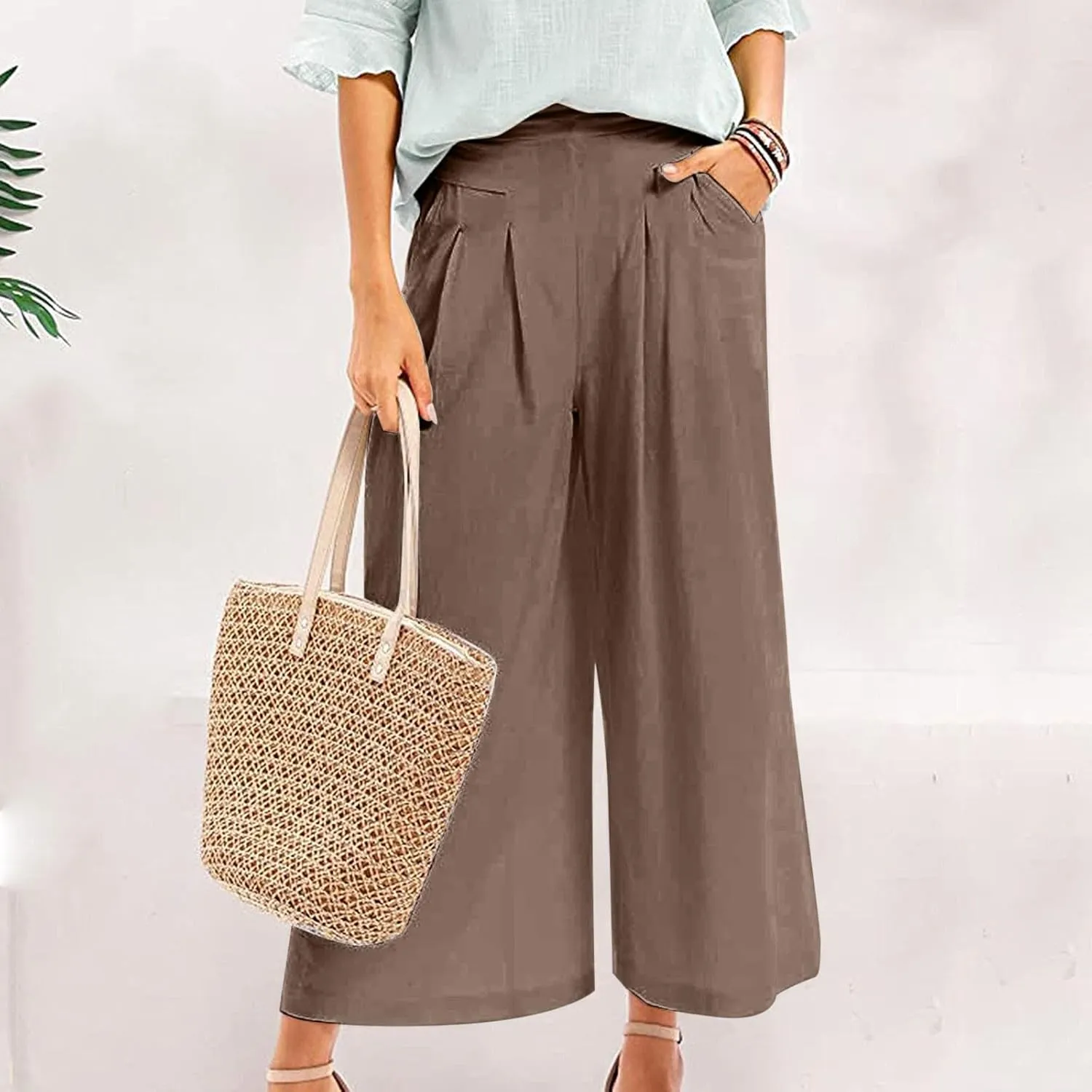 PTOLOCIF Cotton Linen Pants for Women Summer Drawstring Wide Leg Pants Loose Casual Cotton Linen Palazzo Pant with Pockets