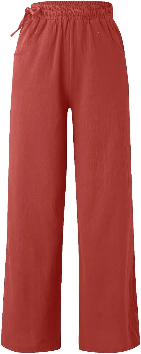 PTOLOCIF Womens Casual Linen Pants High Waisted Long Palazzo Pants Wide Leg Cotton Linen Lounge Pant Trousers with Pockets