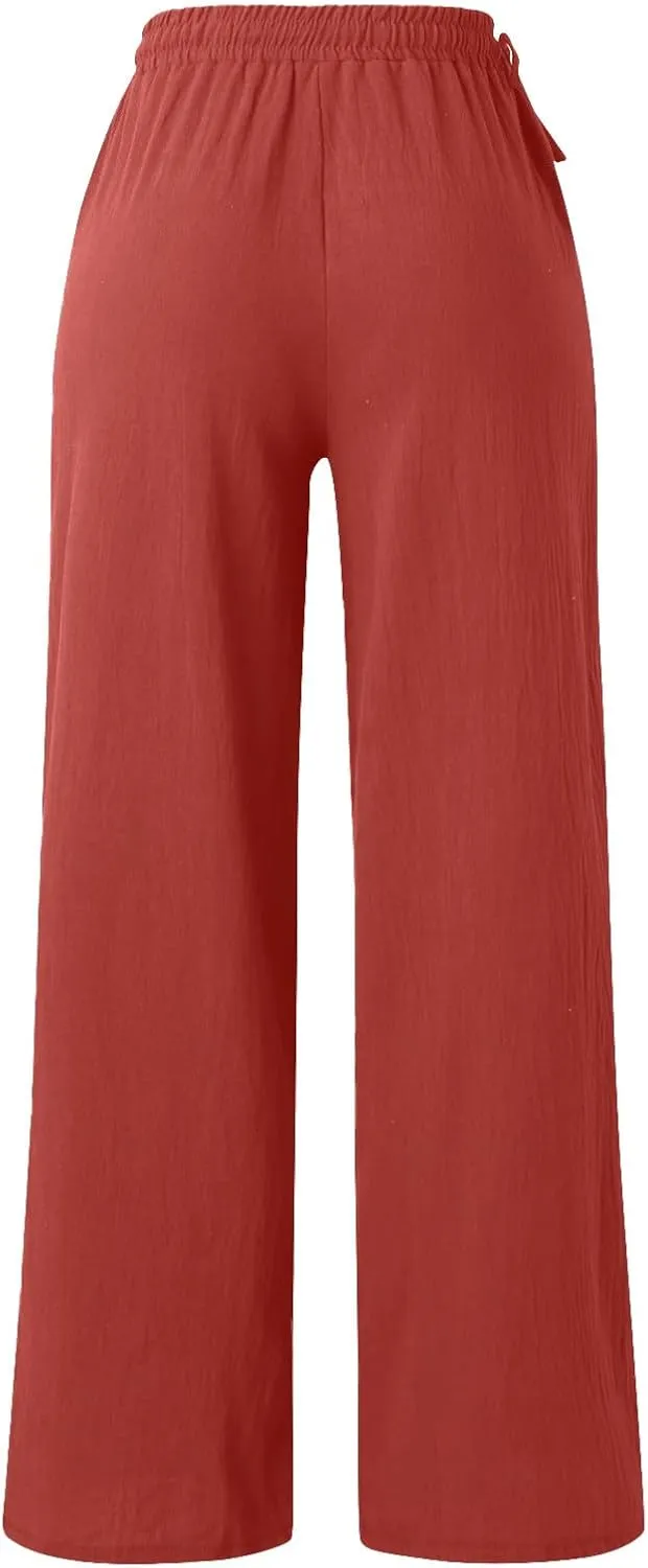 PTOLOCIF Womens Casual Linen Pants High Waisted Long Palazzo Pants Wide Leg Cotton Linen Lounge Pant Trousers with Pockets