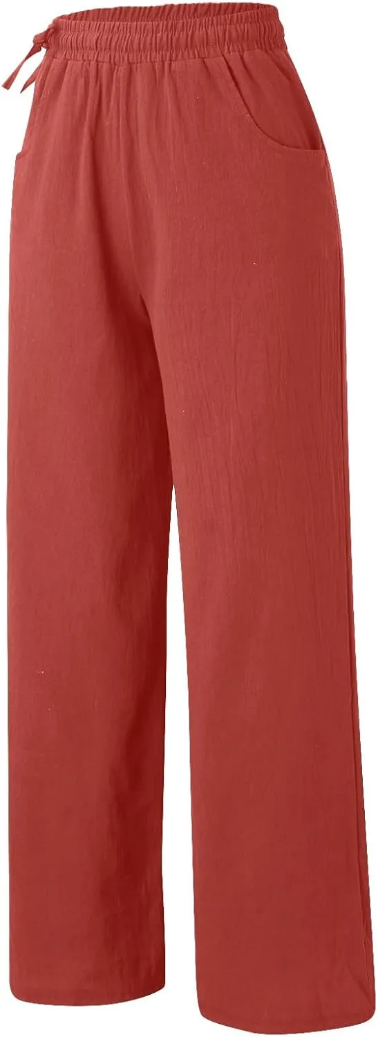 PTOLOCIF Womens Casual Linen Pants High Waisted Long Palazzo Pants Wide Leg Cotton Linen Lounge Pant Trousers with Pockets