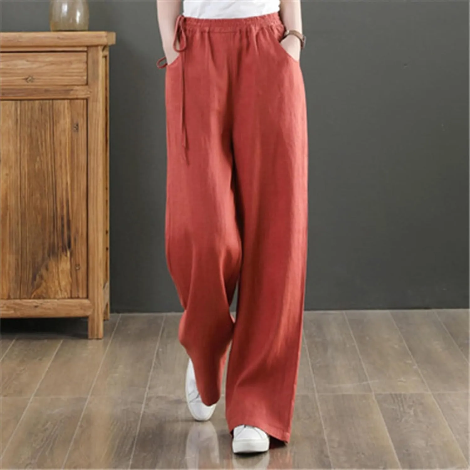 PTOLOCIF Womens Casual Linen Pants High Waisted Long Palazzo Pants Wide Leg Cotton Linen Lounge Pant Trousers with Pockets