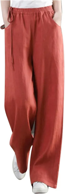 PTOLOCIF Womens Casual Linen Pants High Waisted Long Palazzo Pants Wide Leg Cotton Linen Lounge Pant Trousers with Pockets