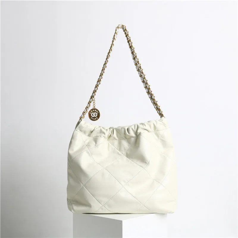 Quilted  Calfskin Leather Shopper Hobo Bag White
